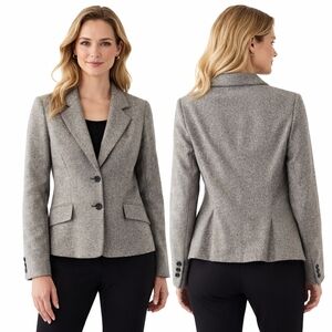 Y2K Nine West Wool Silk Blend Tailored Blazer Jacket Gray Herringbone Career